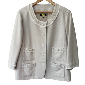 Talbots Women's Beige Tweed Blazer Jacket 16W Fringe Collar Pockets Cuffs